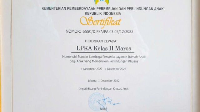 LPKA Maros terimakasih standarisasi sebagai LPKA Ramah Anak dari Kemen PPPA. (Dok. LPKA Maros).