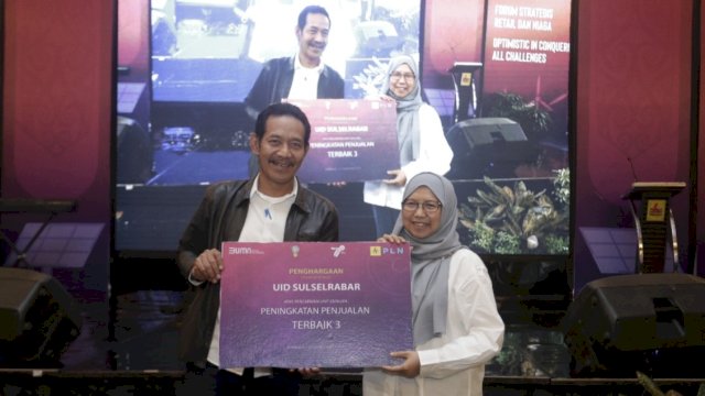 Direktur Retail dan Niaga PT PLN (Persero) Edi Srimulyanti, saat menyerahkan penghargaan kepada General Manager PLN UID Sulselrabar Moch. Andy Adchaminoerdin. (Istimewa)