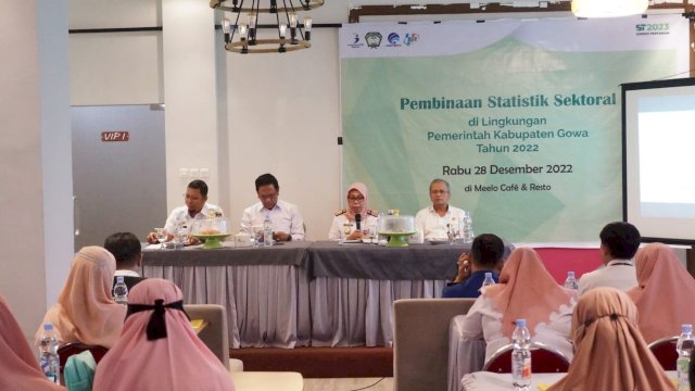 Sekretaris Daerah Kabupaten Gowa Kamsina saat membuka Pembinaan dan Pelatihan Tim Penilai Internal (TPI) Penyelenggaraan Statistik Sektoral di Lingkungan Pemerintah Kabupaten Gowa, Meelo Cafe and Resto Samata, kemarin. (Dok. Humas Gowa)
