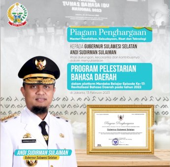 Gubernur Andi Sudirman Raih Penghargaan atas Pelestarian Bahasa Daerah