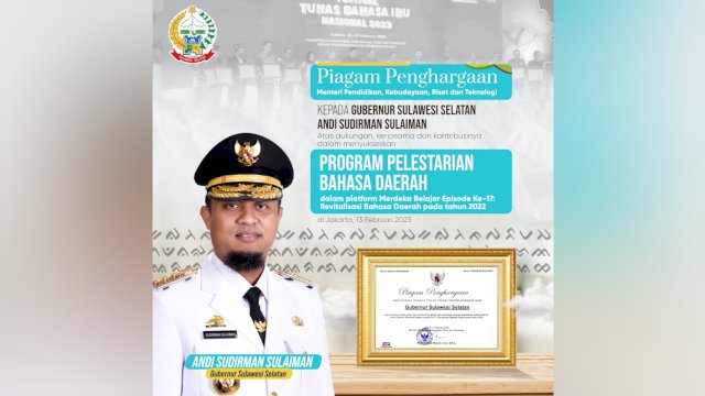 Gubernur Andi Sudirman Raih Penghargaan atas Pelestarian Bahasa Daerah