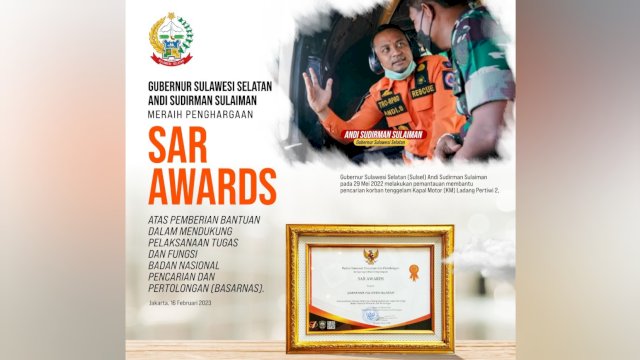 Gubernur Andi Sudirman Raih Penghargaan SAR Awards dari Basarnas