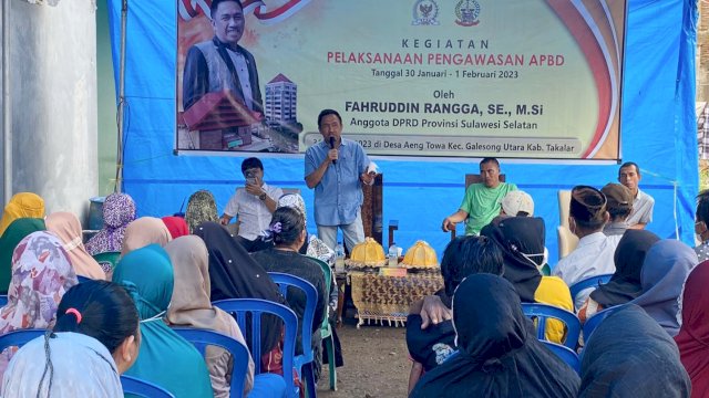 Anggota DPRD Sulsel, Fahruddin Rangga menggelar kegiatan pengawasan pelaksanaan APBD Sulawesi Selatan di Desa Aeng Towa, Kecamatan Galesong Utara, Takalar, Selasa (31/1/2023). (Foto: Istimewa)