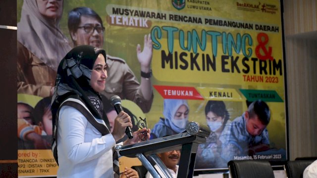 Bupati Luwu Utara Indah Putri Indriani saat membuka Musrenbang Tematik di Aula Lagaligo Kantor Bupati Luwu Utara. Rabu (15/02/2023) FOTO/PROTOKOL LUWU UTARA