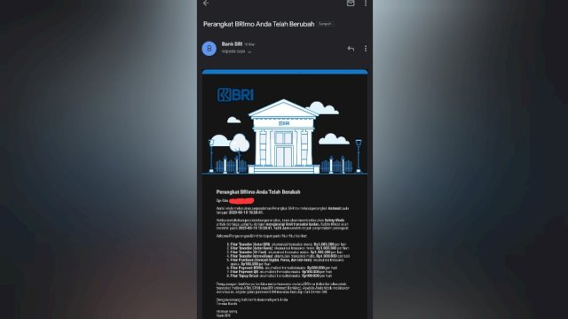Notifikasi melalui email milik Sintia (nama samaran) yang memberikan informasi jika Mobile Banking BRImo di Handphonenya tidak bisa diakses. (Istimewa)