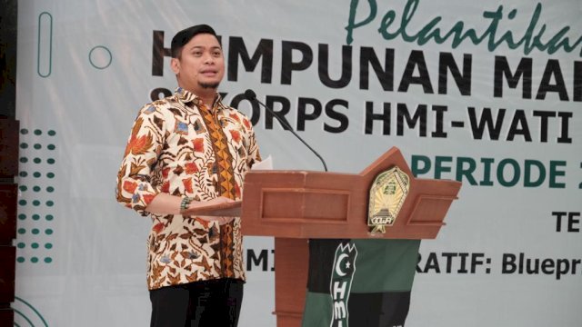 Bupati Gowa Adnan Purichta Ichsan saat menghadiri Pelantikan Pengurus HMI dan Korps HMI-Wati Cabang Gowa Raya, di Baruga Tinggimae, Rumah Jabatan Bupati Gowa, kemarin. (Dok. Humas Gowa)