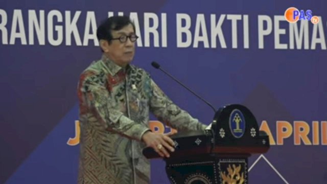 Menteri Hukum dan HAM Yasonna Laoly saat, memberikan sambutan pada pembukaan Simposium Nasional, di Graha Pengayoman Jakarta, kemarin. (Dok. Humas Kanwil Kemenkumham Sulsel)