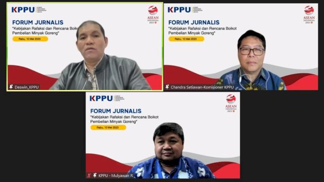 Komisioner KPPU Chandra Setiawan dan Direktur Ekonomi KPPU Mulyawan Ranamanggala (bawah) saat memberikan penjelasan terkait dampak rafaksi dalam temu media secara virtual, kemarin. (Dok. Humas KPPU)
