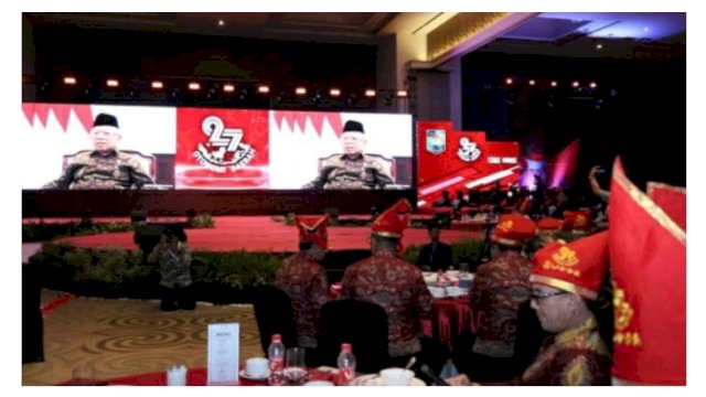 Wapres RI, Ma'ruf Amin dalam konferensi video pada Gala Dinner Malam Apresiasi Kinerja Pemda di Hotel Four Point by Sheraton, Sabtu (29/4/2023). (Foto: Istimewa)