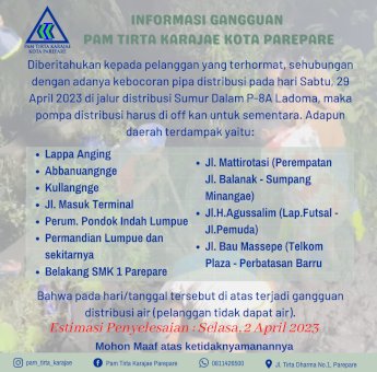 PAM Tirta Karajae Umumkan Gangguan Pelayanan Air Bersih di Beberapa Wilayah