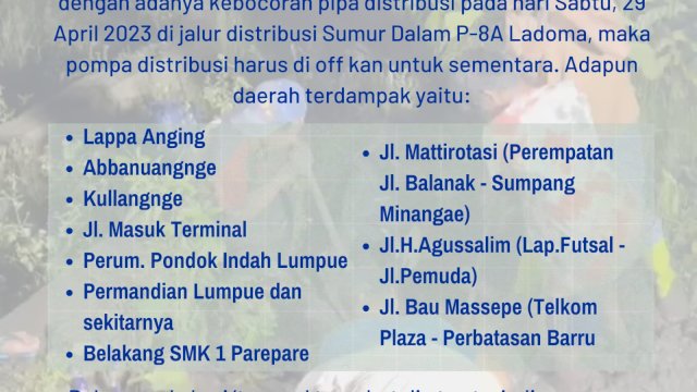 Ket : Pengumuman Informasi Gangguan pendistribusian air PAM Tirta Karajae Parepare (Istimewa)