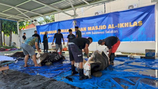 Pegawai Kanwil Kemenkumham Sulsel melaksanakan kurban sebanyak 14 ekor sapi di perayaan Idul Adha 2023. (Dok. Humas Kanwil Kemenkumham Sulsel)
