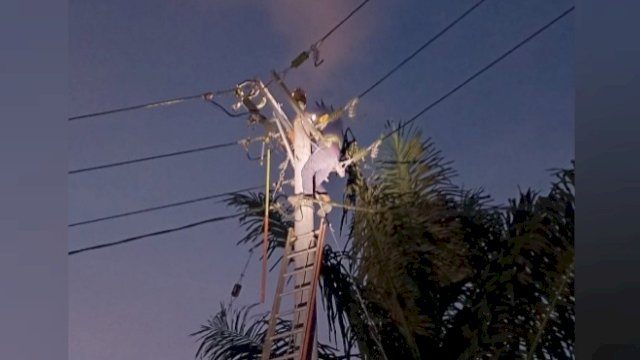 Petugas PLN melakukan penanganan normalisasi Aliran Listrik pasca Longsor di Kabupaten Pinrang. (Istimewa)