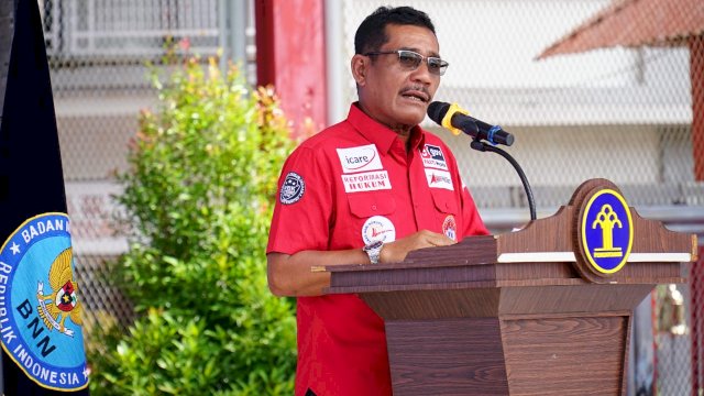 Kakanwil Kemenkumham Sulsel Liberti Sitinjak saat menghadiri Peringatan Hari Anti Narkotika Internasional (HANI) yang dirangkaikan Penutupan Rehabilitasi Pemasyarakatan Tahun 2023, di Rutan Kelas I Makassar. (Humas Kanwil Kemenkumham Sulsel)