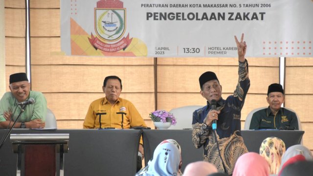 Anggota DPRD Makassar, M Yunus HJ menggelar sosialisasi Perda Nomor 5 tahun 2006 tentang Pengelolaan Zakat di Hotel Karebosi Premier Makassar, Rabu (5/4/2023). (Foto: Istimewa)