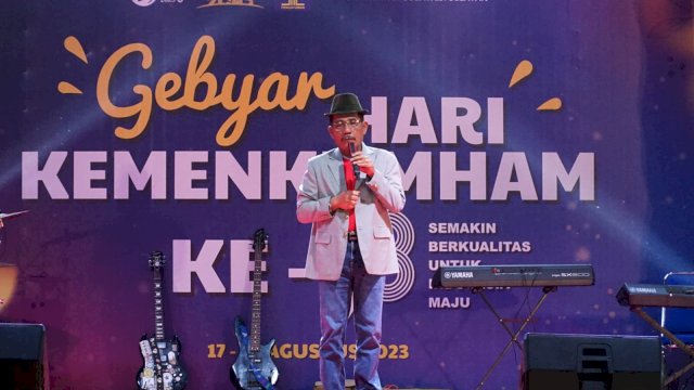 Kakanwil Kemenkumham Sulsel Liberti Sitinjak saat memberikan sambutan pada Penutupan Gebyar Kemenkumham yang berlangsung di lokasi pembangunan Kantor Kanwil Kemenkumham baru, kemarin. (Dok. Humas Kanwil Kemenkumham Sulsel)