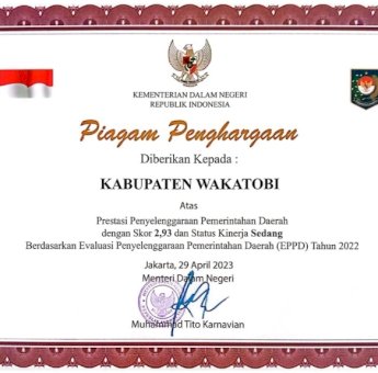 Pemkab Wakatobi Peringkat ke-2 Penyelenggaraan Pemerintah Terbaik di Sultra