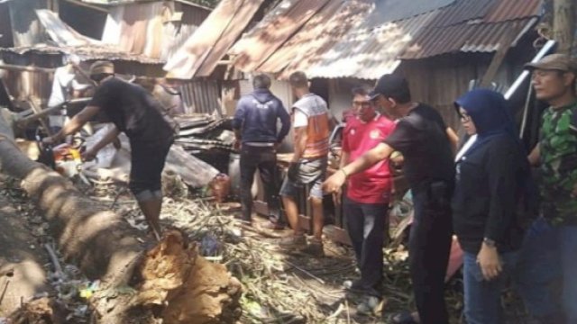 Anggota DPRD Makassar, Muchlis Misbah saat meninjau langsung rumah warga yang tertimpa pohon di Jalan Muh Yamin, Makassar, Kamis (29/6/2023). (Foto: Istimewa)