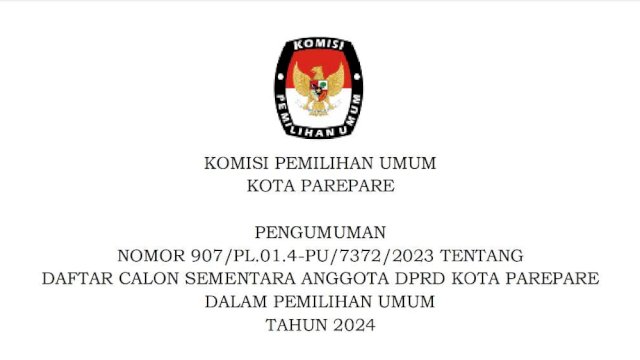 Ket : Pengumuman DSC Anggota DPRD Kota Parepare Pemilu 2024