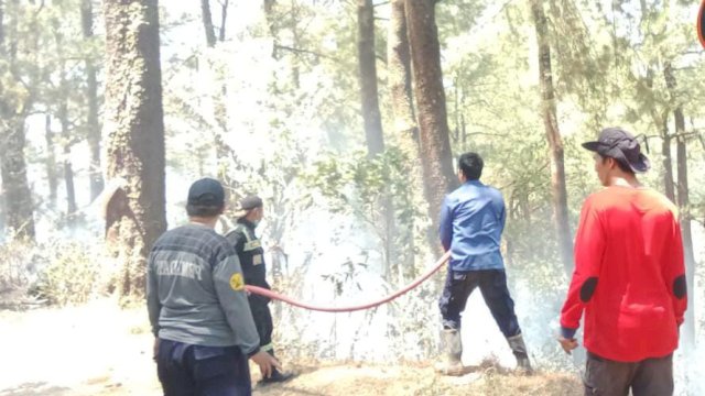 Petugas pemadam Dinas Pemadam Kebakaran Kabupaten Gowa dan jajaran lainnya saat melakukan pemadaman api pada titik kebakaran di kawasan Hutan Malino, Kecamatan Tinggimoncong yang terjadi sejak Kamis, (28/09) siang tadi. (Dok. Humas Gowa).