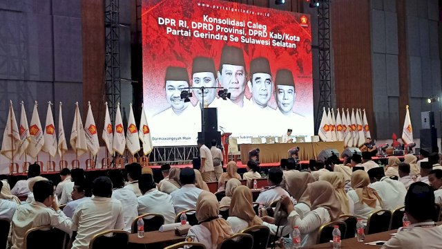 Suasana konsolidasi caleg Partai Gerindra se Sulawesi Selatan yang digelar di Hotel Four Points by Sheraton, Jalan Andi Djemma, Makassar, Rabu (20/9/2023). (Foto: Istimewa)