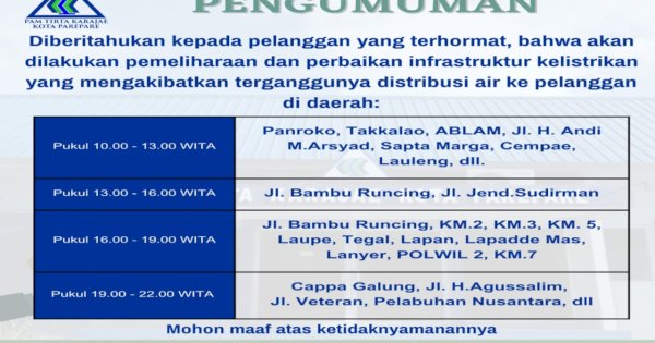 Dampak Perbaikan Jaringan PLN, PAM Tirta Karajae Parepare Umumkan Gangguan Distribusi Air