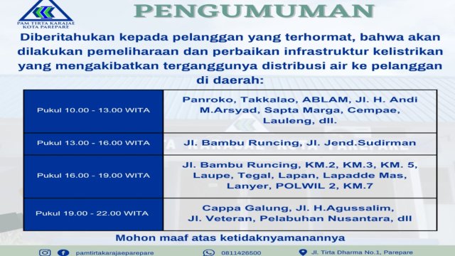 Dampak Perbaikan Jaringan PLN, PAM Tirta Karajae Parepare Umumkan Gangguan Distribusi Air