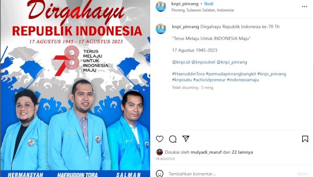 Ket : Postingan akun resmi DPD II KNPI Pinrang dimedia sosial Instagram