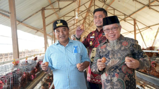 Gubernur Sulsel Bahtiar Baharuddin, bersama Bupati Gowa Adnan Purichta Ichsan, mengunjungi pertenakan ayam dan kambing di Moncongloe, Kamis (19/10/2023). (Istimewa)