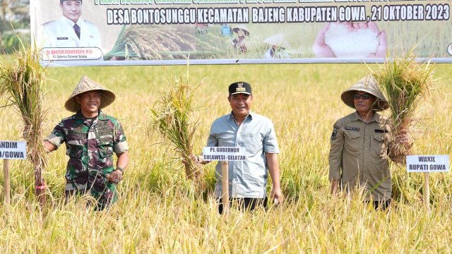Pj Gubernur Sulsel Bahtiar Baharuddin (tengah) didampingi Pj Sekda Kabupaten Gowa Abdul Karim Dania bersama jajaran Forkopimda Kabupaten Gowa saat melakukan Panen Raya Progam Gertam di Desa Bontosunggu, Kecamatan Bajeng, kemarin. (Dok. Humas Gowa)