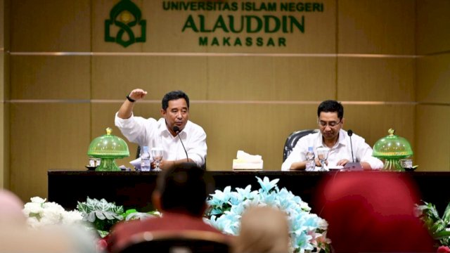 Pj Gubernur Sulsel Bahtiar Baharuddin, saat bersilaturahmi dengan Rektor dan jajaran Civitas Akademik UIN Alauddin, Rabu (25/10/2023). (Istimewa)