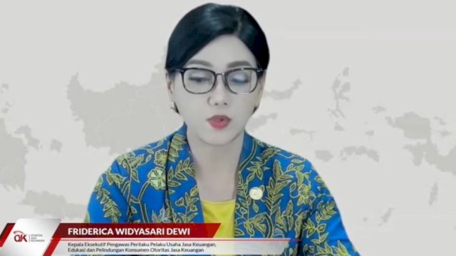 Kepala Eksekutif Pengawas Perilaku Pelaku Jasa Keuangan, Edukasi dan Perlindungan Konsumen OJK Friderica Widyasari Dewi saat memaparkan program literasi keuangan yang dilaksanakan OJK di sela-sela Media Update RDK OJK secara virtual, kemarin. (Dok. Istimewa)