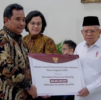 Apresiasi Penanganan Stunting di Sulsel, Wapres Serahkan Dana Insentif Fiskal ke Pj Gubernur Bahtiar