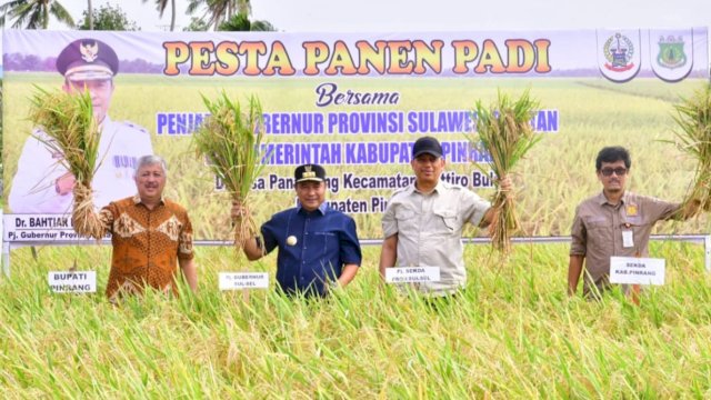 Pj Gubernur Sulsel Bahtiar Baharuddin, bersama Bupati Pinrang Andi Irwan Hamid, saat melakukan panen padi di Desa Pananrang, Kecamatan Mattiro Bulu, Kamis (02/11/2023). (Istimewa)