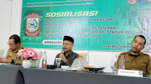 Anggota DPRD Makassar, Abdul Wahid menggelar sosialisasi Perda Nomor 1 Tahun 2020 tentang Perubahan atas Perda Nomor 13 Tahun 2011 tentang Retribusi Jasa Usaha di Hotel Karebosi Premier, Makassar, Selasa (11/7/2023). (Foto: Istimewa)