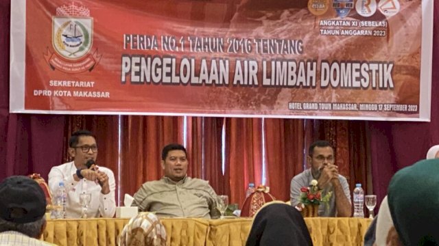 Anggota DPRD Makassar, Andi Pahlevi menggelar sosialisasi Perda nomor 1 tahun 2016 tentang Pengelolaan Air Limbah Domestik di Hotel Grand Town Makassar, Minggu (17/9/2023). (Foto: Istimewa)