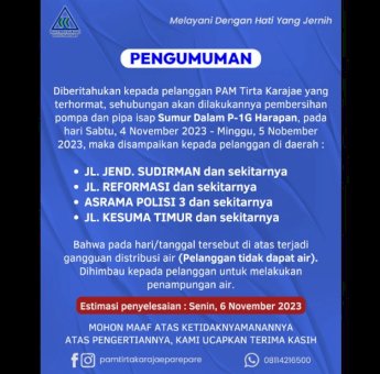 4-5 November, PAM Tirta Karajae Umumkan Gangguan Distribusi Air