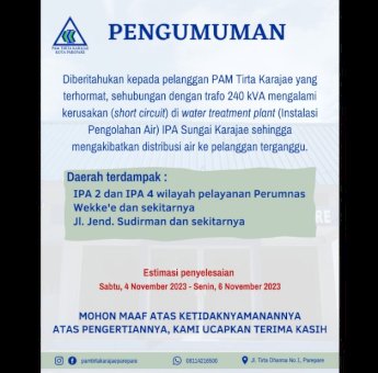 PAM Tirta Karajae Parepare Umumkan Gangguan Distribusi Air Estimasi Hingga 6 November