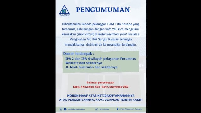 PAM Tirta Karajae Parepare Umumkan Gangguan Distribusi Air Estimasi Hingga 6 November