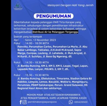 Pemeliharaan Kelistrikan Sulbagsel, PAM Tirta Karajae Umumkan Gangguan Distribusi Air