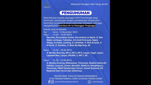 Pemeliharaan Kelistrikan Sulbagsel, PAM Tirta Karajae Umumkan Gangguan Distribusi Air