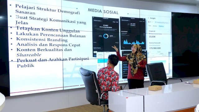 Sekretaris Dinas Kominfo-SP Kabupaten Gowa Widiah Restuti Hasan saat menjelaskan pengelolaan kehumasan dan media sosial lingkup Diskominfo-SP Gowa di sela-sela menerima kunjungan kerja BKKBN Sulbar, di Peace Room A'Kio, Kantor Bupati Gowa, kemarin. (Dok. Humas Gowa)