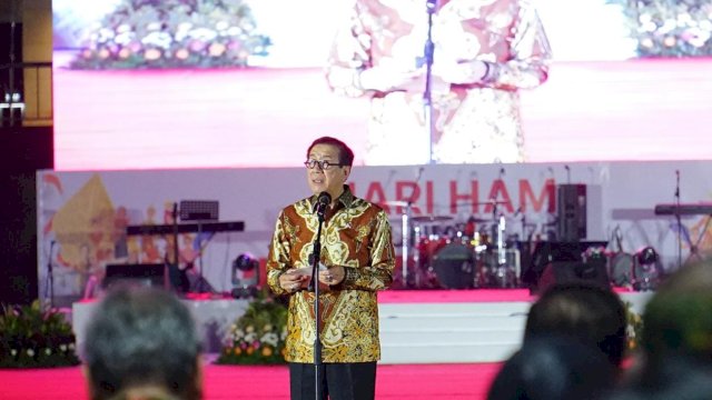 Menkumham RI Yasonna H Laoly saat memberikan sambutan pada Peringatan Hari HAM Sedunia Ke-75, di Lapangan Banteng Jakarta Pusat, kemarin. (Dok. Humas Kanwil Kemenkumham Sulsel)