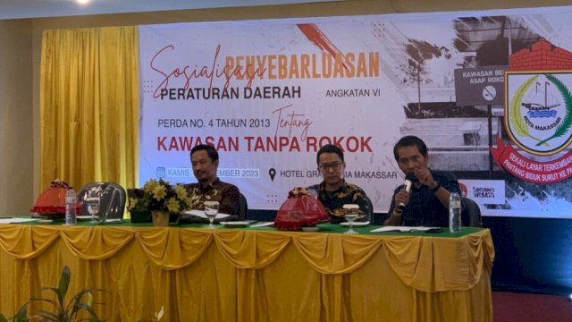 Sekretariat DPRD Makassar menggelar Sosialisasi Perda Nomor 4 Tahun 2013 tentang Kawasan Tanpa Rokok (KTR) di Hotel Grand Asia, Jalan Boulevard, Kamis (9/11/2023). (Foto: Istimewa)