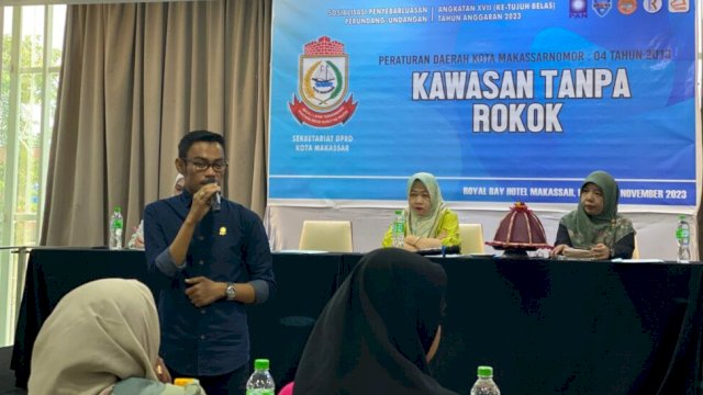 Anggota DPRD Kota Makassar, Sahruddin Said menggelar sosialisasi Perda nomor 4 tahun 2013 tentang Kawasan Tanpa Rokok (KTR) di Hotel Royal Bay Makassar, Minggu (12/11/2023). (Foto: Istimewa)