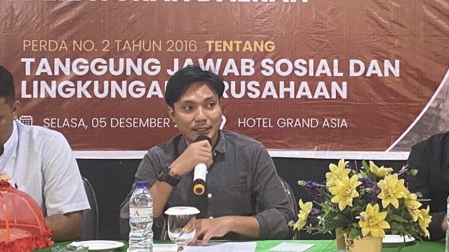 Raul Ibnu Munsir memaparkan materinya dalam sosialisasi Perda Nomor 2 Tahun 2016 tentang TSLP yang digelar Sekretariat DPRD Makassar di Hotel Grand Asia, Jalan Boulevard, Makassar, Selasa (5/12/2023). (Foto: Istimewa)