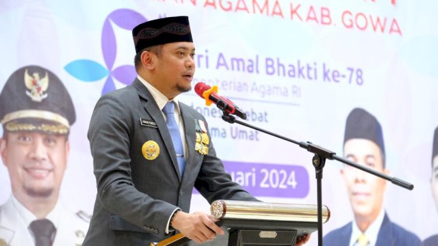Bupati Gowa Adnan Purichta Ichsan saat menghadiri Ramah Tamah Kemenag Kabupaten Gowa Peringatan Hari Amal Bhakti Ke-78, di Gedung De'Bollo, Jalan Tumanurung, Sungguminasa, kemarin. (Dok. Humas Gowa)