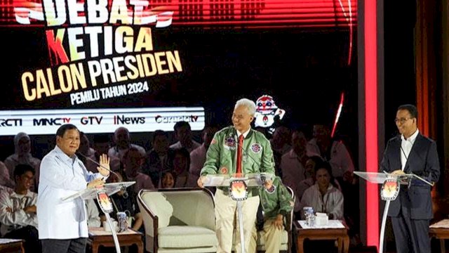 Debat calon presiden (capres) sesi ketiga digelar KPU RI di Istora Senayan, Jakarta, Minggu (7/1/2024) malam. (Foto: Istimewa)