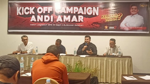 Calon anggota DPR RI dari Partai Gerindra, Andi Amar Ma'ruf Sulaiman saat menggelar Kick Off Kampanye Intensif Amar2Indonesia di Hotel Claro Makassar, Jalan AP Pettarani, Kamis (11/1/2024). (Foto: Istimewa)
