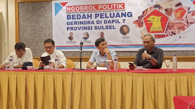 Suasana acara Ngobrol Politik Bedah Peluang Gerindra di Dapil Sulsel VII yang digelar di Jolin Hotel, Jalan Pengayoman, Makassar, Senin (22/1/2024). (Foto: Istimewa)